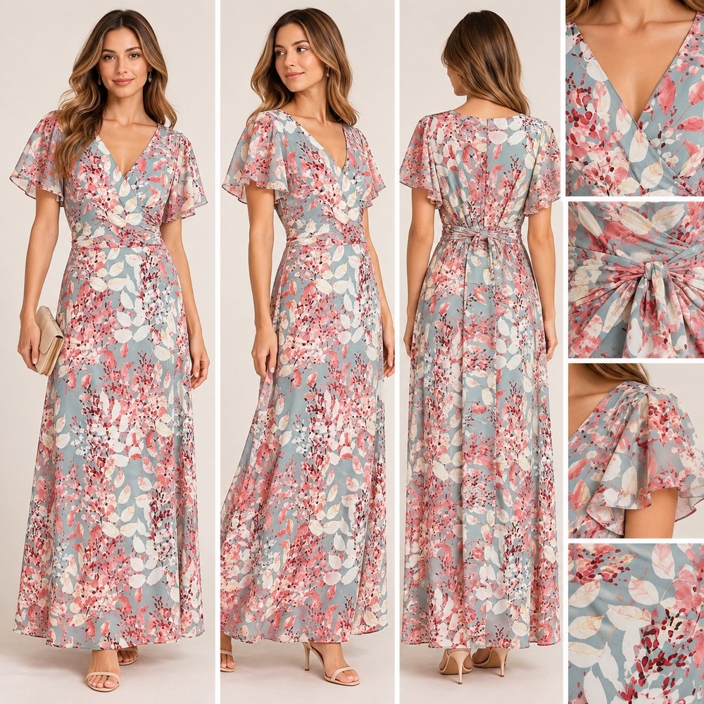 3347 | Adrianna Papell Floral Maxi Dress Pink Green Wedding Guest Womens 16